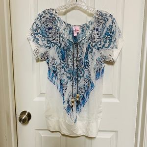 Junior's Peasant Sheer Short Sleeve Top by Dolled Up Size Medium